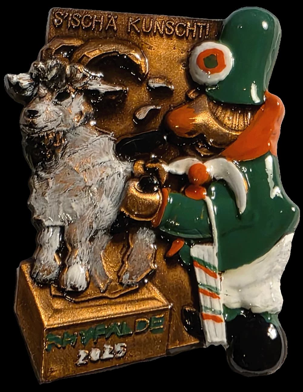Bronze-Plakette mit Zunftfigur und Wappenschild